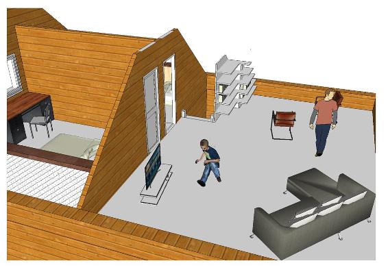 Plan étage 2 chambres plus espace de vie vue 3D